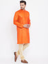 Vastramay Men's Orange And Gold Silk Blend Kurta Pyjama Set
