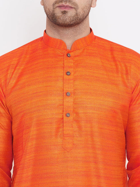 Vastramay Men's Orange And Gold Silk Blend Kurta Pyjama Set