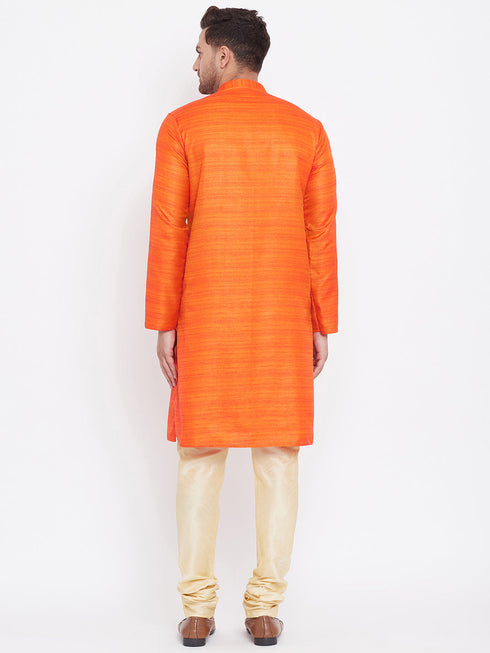 Vastramay Men's Orange And Gold Silk Blend Kurta Pyjama Set