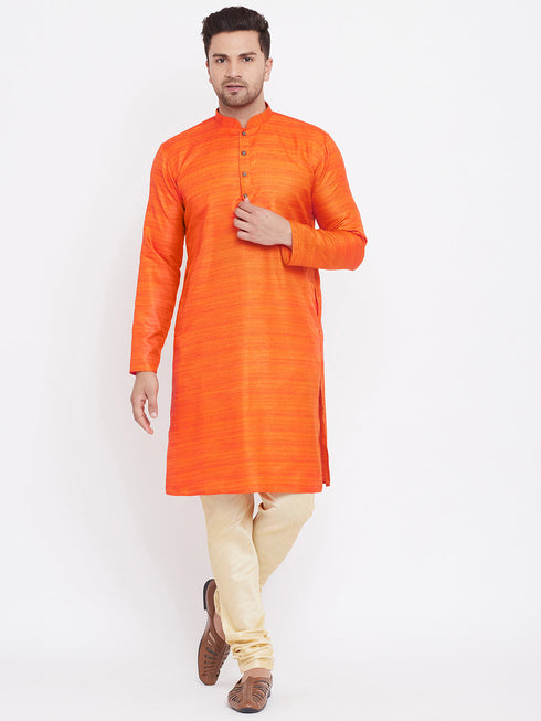 Vastramay Men's Orange And Gold Silk Blend Kurta Pyjama Set