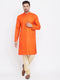 Vastramay Men's Orange And Gold Silk Blend Kurta Pyjama Set