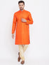 Vastramay Men's Orange And Gold Silk Blend Kurta Pyjama Set