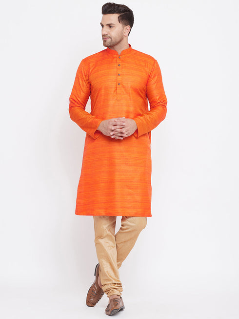 Vastramay Men's Orange And Rose Gold Silk Blend Kurta Pyjama Set