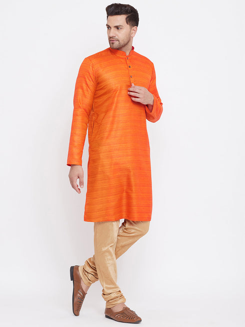 Vastramay Men's Orange And Rose Gold Silk Blend Kurta Pyjama Set