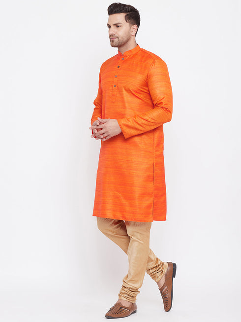 Vastramay Men's Orange And Rose Gold Silk Blend Kurta Pyjama Set