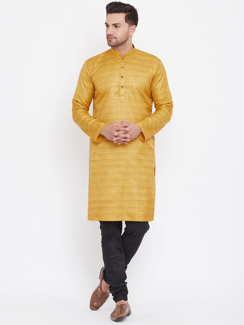 Vastramay Men's Mustard And Black Silk Blend Kurta Pyjama Set