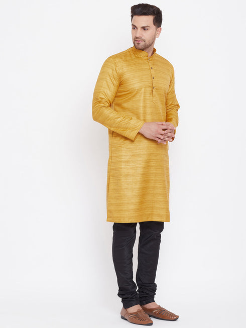 Vastramay Men's Mustard And Black Silk Blend Kurta Pyjama Set