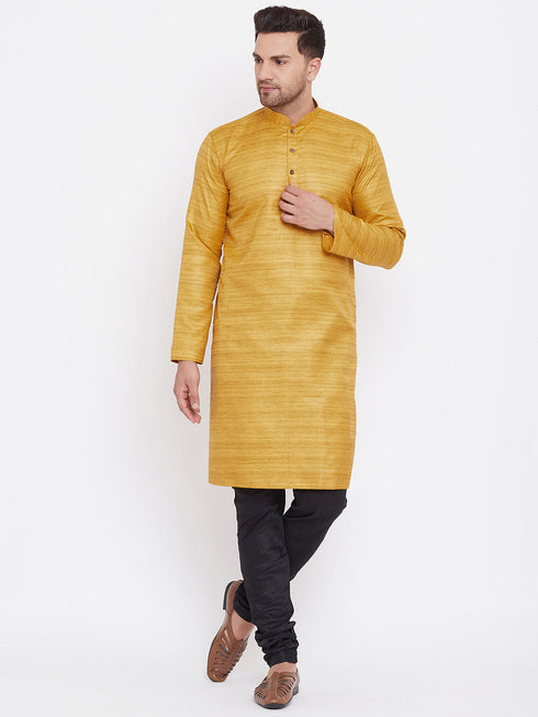 Vastramay Men's Mustard And Black Silk Blend Kurta Pyjama Set