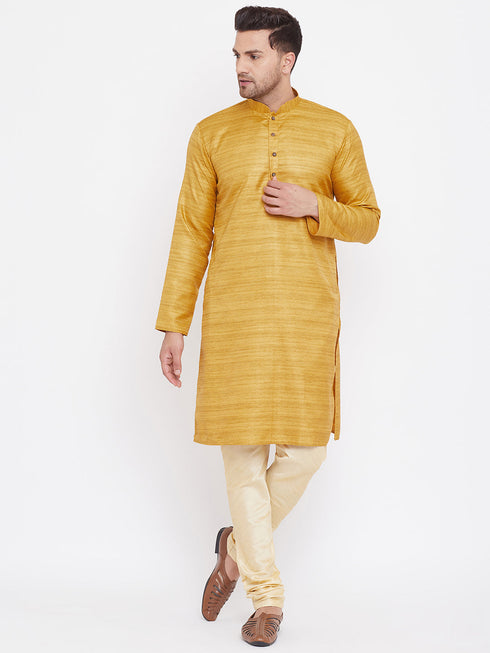 Vastramay Men's Yellow And Gold Silk Blend Kurta Pyjama Set