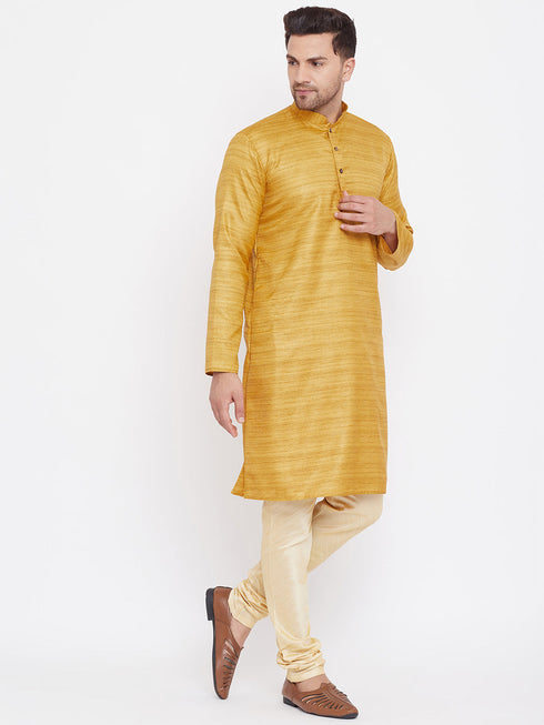 Vastramay Men's Yellow And Gold Silk Blend Kurta Pyjama Set