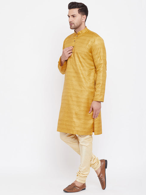 Vastramay Men's Yellow And Gold Silk Blend Kurta Pyjama Set