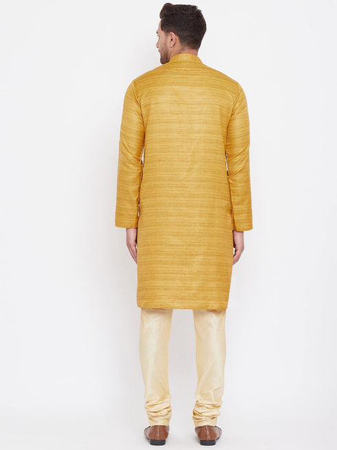 Vastramay Men's Yellow And Gold Silk Blend Kurta Pyjama Set