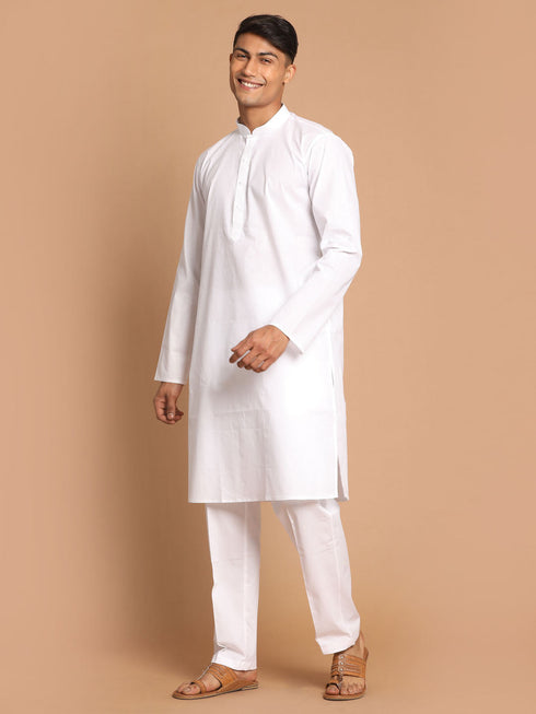 Vastramay Men's White Kurta And Pajama Set With Islamic Prayer Cap