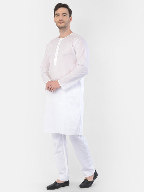 Vastramay Men's White Cotton Addhi Kurta Pyjama Set