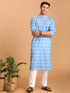 Vastramay Men's Aqua Blue Ikkat Print Cotton Kurta With Pant set