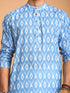 Vastramay Men's Aqua Blue Ikkat Print Cotton Kurta With Pant set