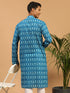 Vastramay Men's Turquoise Ikkat Print Cotton Kurta