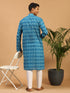 Vastramay Men's Turquoise Blue Ikkat Print Cotton Kurta With Pant set
