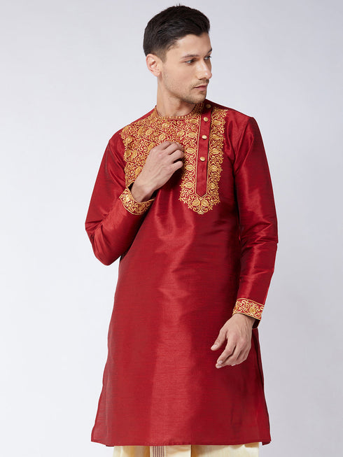 Vastramay Men's Maroon Silk Blend Kurta