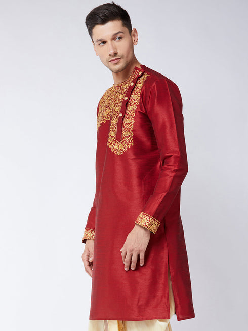Vastramay Men's Maroon Silk Blend Kurta