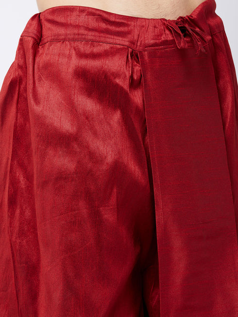Vastramay Men's Orange And Maroon Silk Blend Kurta and Dhoti Set