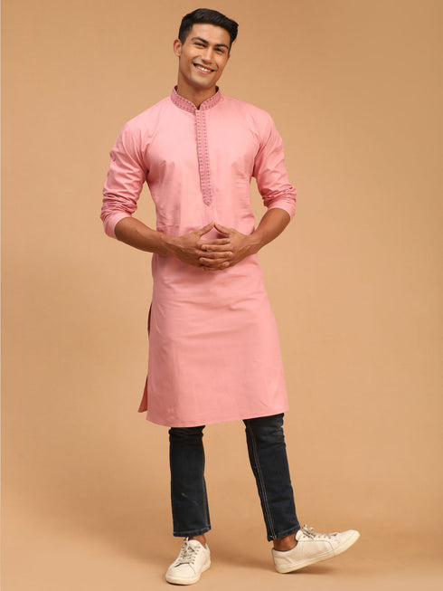 Vastramay Men's Pink Cotton Blend Kurta