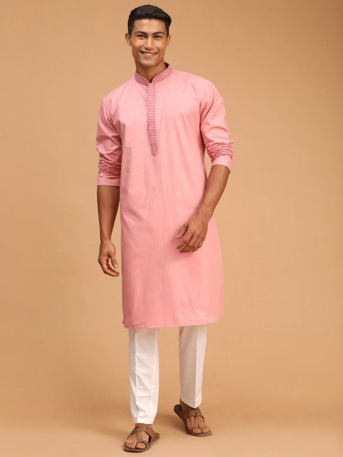 Vastramay Men's Pink Kurta and Pant Style Cotton Pyjama Set
