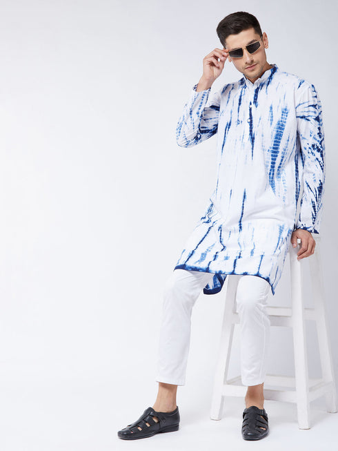 Vastramay Men's Blue And White Cotton Kurta Pyjama Set