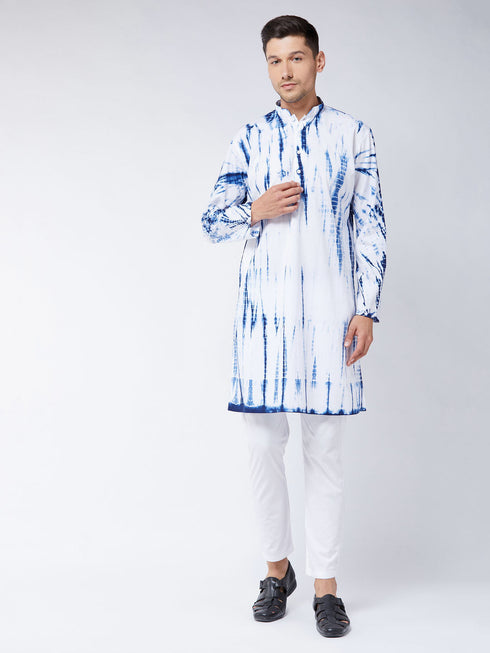 Vastramay Men's Blue And White Cotton Tie Dye Kurta And Solid Pant Style Cotton Pyjama Set