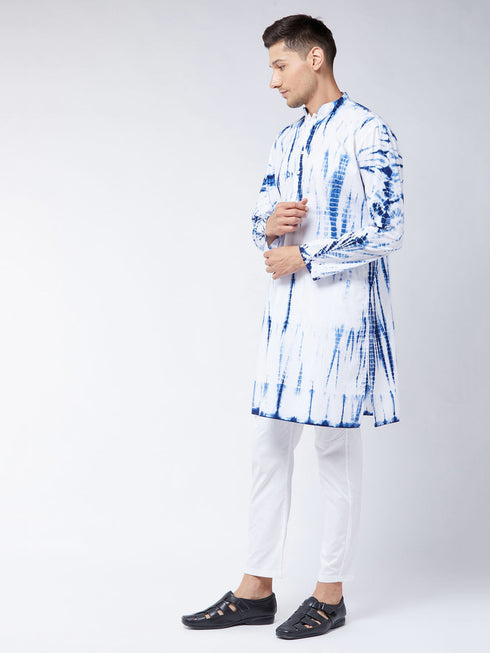 Vastramay Men's Blue And White Cotton Tie Dye Kurta And Solid Pant Style Cotton Pyjama Set