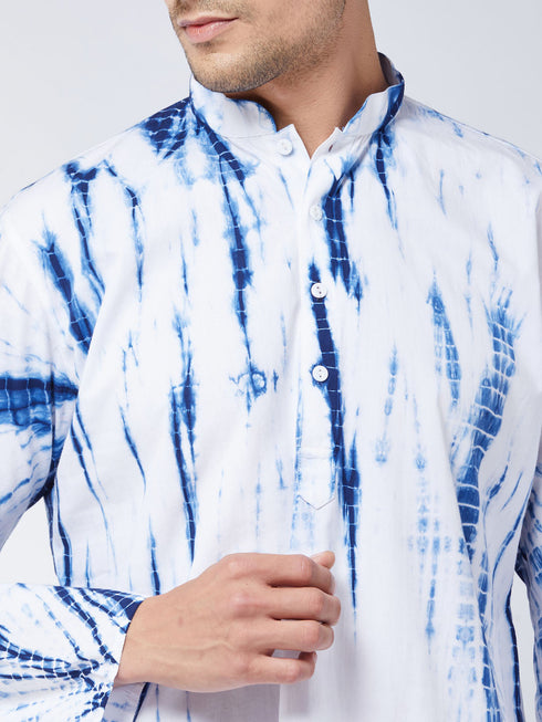 Vastramay Men's Blue And White Cotton Tie Dye Kurta And Solid Pant Style Cotton Pyjama Set