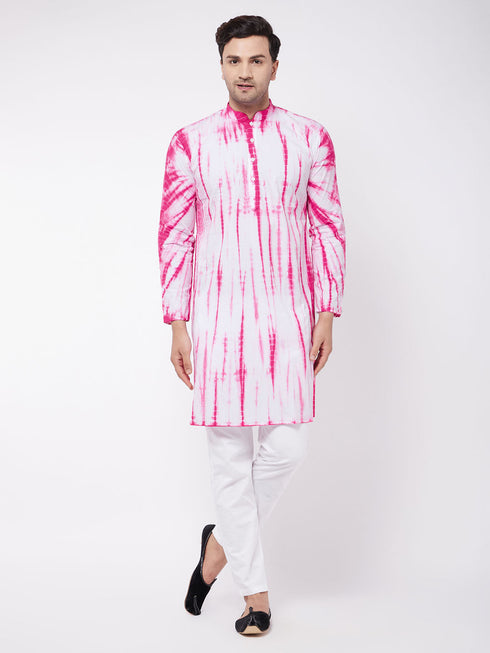 Vastramay Men's Pink And White Cotton Tie Dye Kurta And Solid Pant Style Cotton Pyjama Set