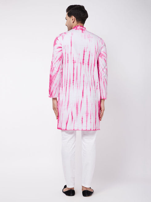 Vastramay Men's Pink And White Cotton Tie Dye Kurta And Solid Pant Style Cotton Pyjama Set