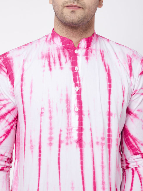 Vastramay Men's Pink And White Cotton Tie Dye Kurta And Solid Pant Style Cotton Pyjama Set