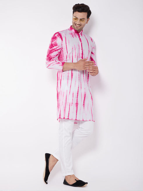 Vastramay Men's Pink And White Cotton Tie Dye Kurta And Solid Pant Style Cotton Pyjama Set