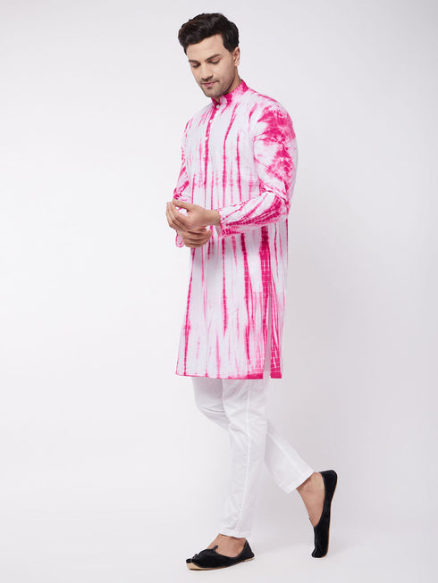 Vastramay Men's Pink And White Cotton Tie Dye Kurta And Solid Pant Style Cotton Pyjama Set