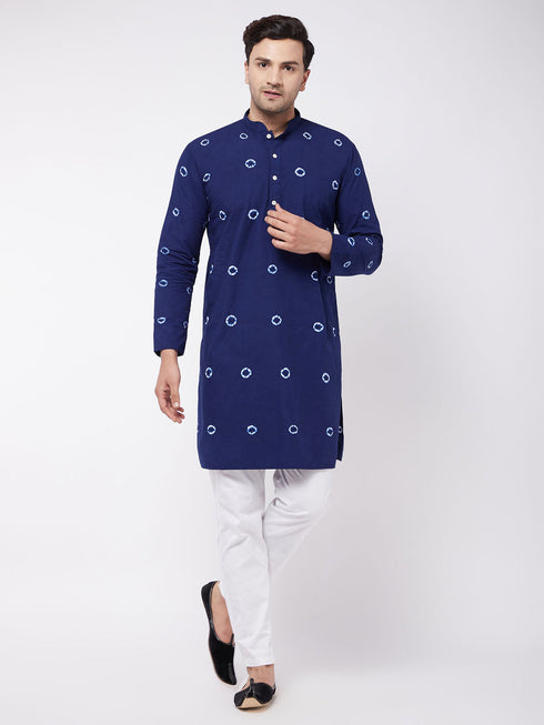 Vastramay Men's Blue And White Cotton Kurta And Pant Style Cotton Pyjama Set