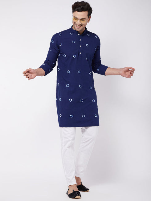Vastramay Men's Blue And White Cotton Kurta And Pant Style Cotton Pyjama Set
