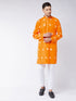 Vastramay Men's Orange And White Bandhni Print Cotton Kurta And Pant Style Cotton Pyjama Set