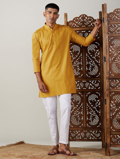 Vastramay Men's Mustard Cotton Kurta With White Pant Set