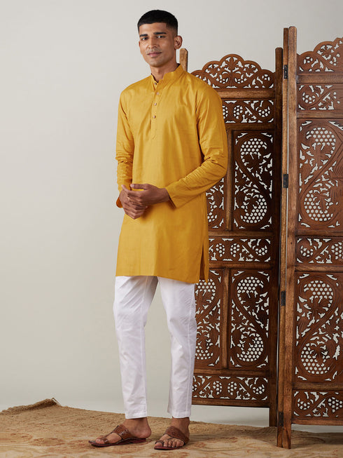 Vastramay Men's Mustard Cotton Kurta With White Pant Set