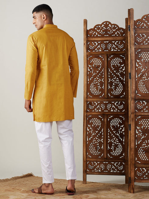 Vastramay Men's Mustard Cotton Kurta With White Pant Set