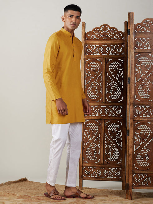 Vastramay Men's Mustard Cotton Kurta With White Pant Set