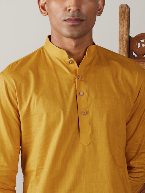 Vastramay Men's Mustard Cotton Kurta With White Pant Set