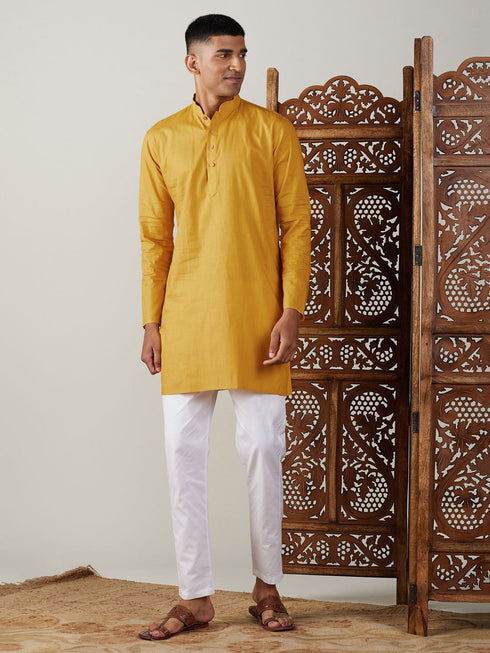 Vastramay Men's Mustard Cotton Kurta With White Pant Set