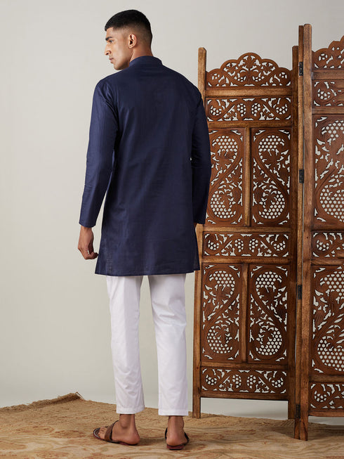 Vastramay Men's Navy Blue Cotton Kurta With White Pant Set