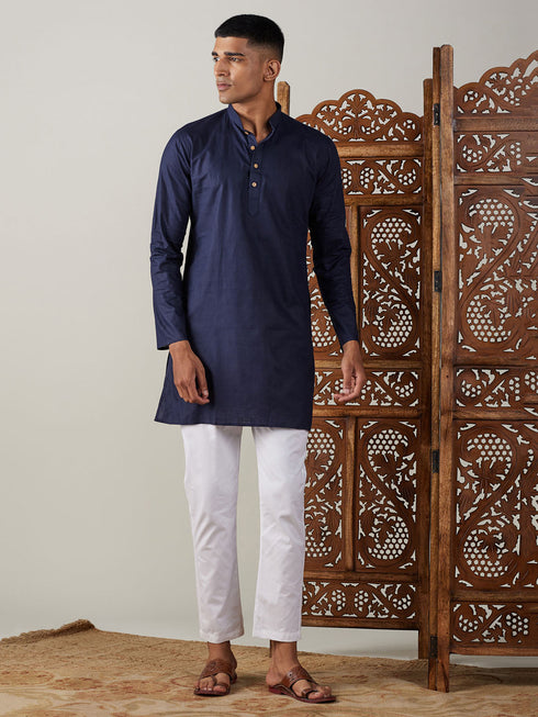 Vastramay Men's Navy Blue Cotton Kurta With White Pant Set