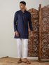 Vastramay Men's Navy Blue Cotton Kurta With White Pant Set