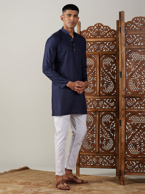 Vastramay Men's Navy Blue Cotton Kurta With White Pant Set