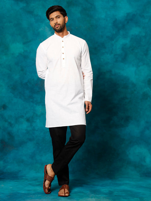 Vastramay Men's White Cotton Blend Kurta Pyjama Set